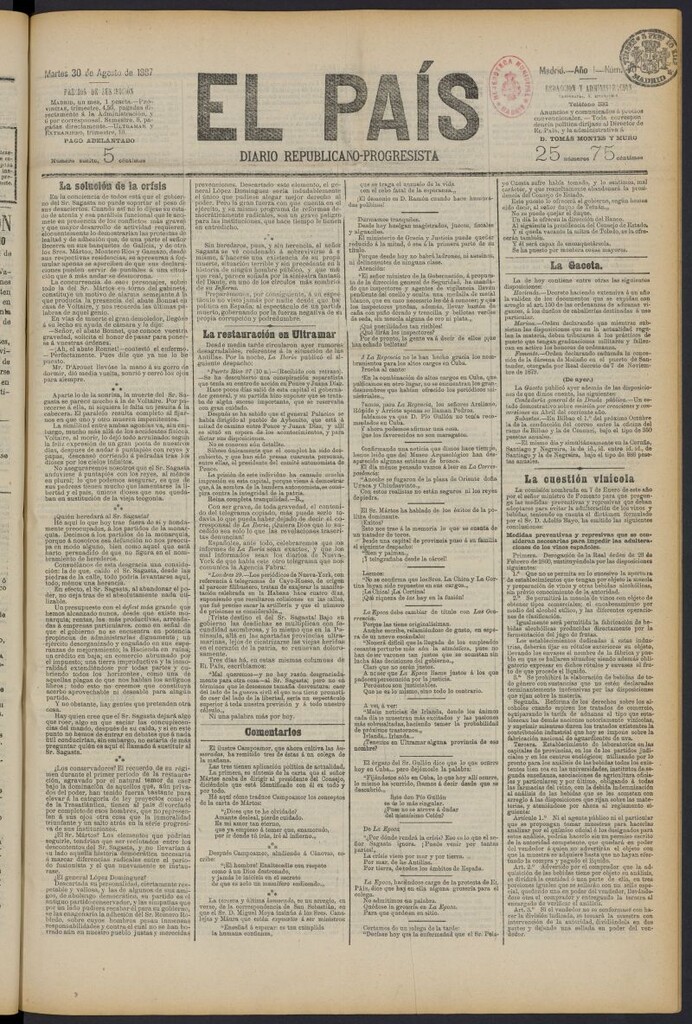 Miniatura de El País: diario republicano-progresista del 30 de agosto de 1887, nº 70
