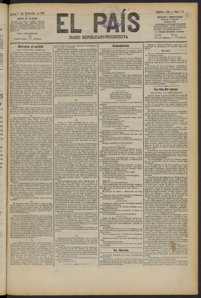 Miniatura de El País: diario republicano-progresista del 1 de septiembre de 1887, nº 72