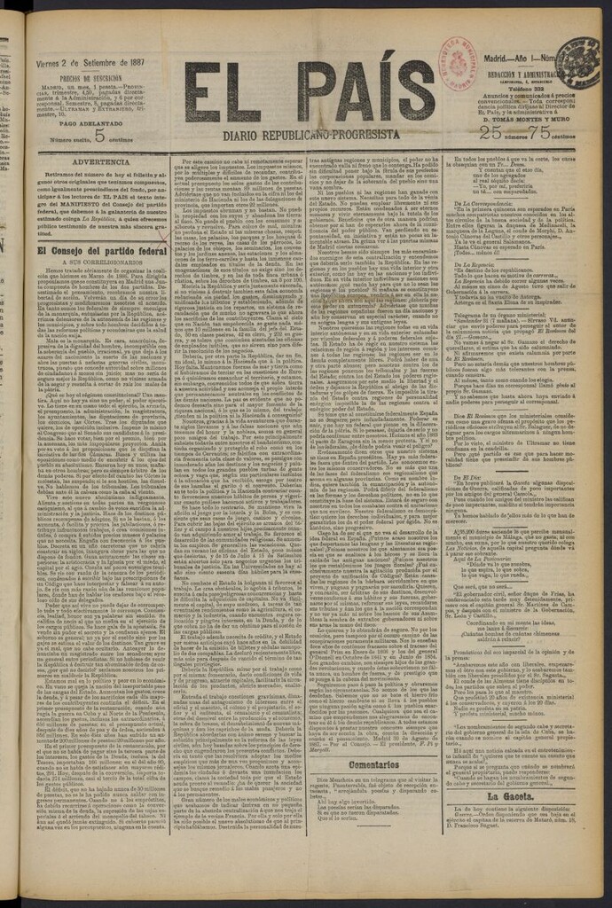 Miniatura de El País: diario republicano-progresista del 2 de septiembre de 1887, nº 73