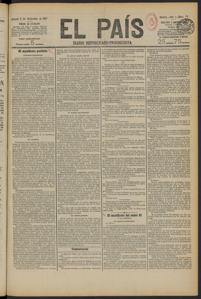 Miniatura de El País: diario republicano-progresista del 3 de septiembre de 1887, nº 74