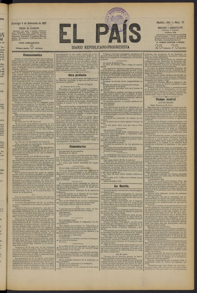 Miniatura de El País: diario republicano-progresista del 4 de septiembre de 1887, nº 75