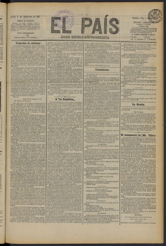 Miniatura de El País: diario republicano-progresista del 5 de septiembre de 1887, nº 76