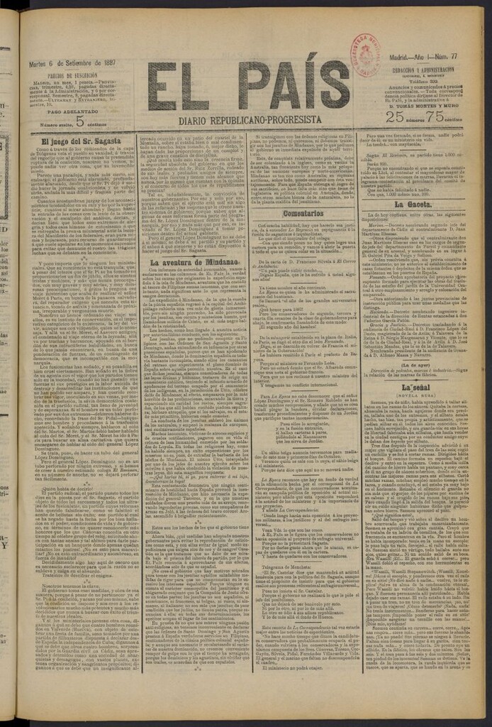 Miniatura de El País: diario republicano-progresista del 6 de septiembre de 1887, nº 77