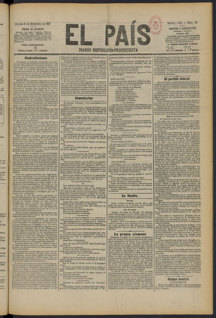 Miniatura de El País: diario republicano-progresista del 9 de septiembre de 1887, nº 80