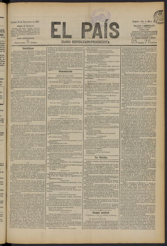 Miniatura de El País: diario republicano-progresista del 10 de septiembre de 1887, nº 81