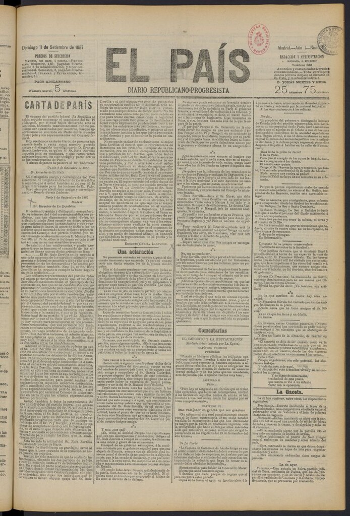 Miniatura de El País: diario republicano-progresista del 11 de septiembre de 1887, nº 82