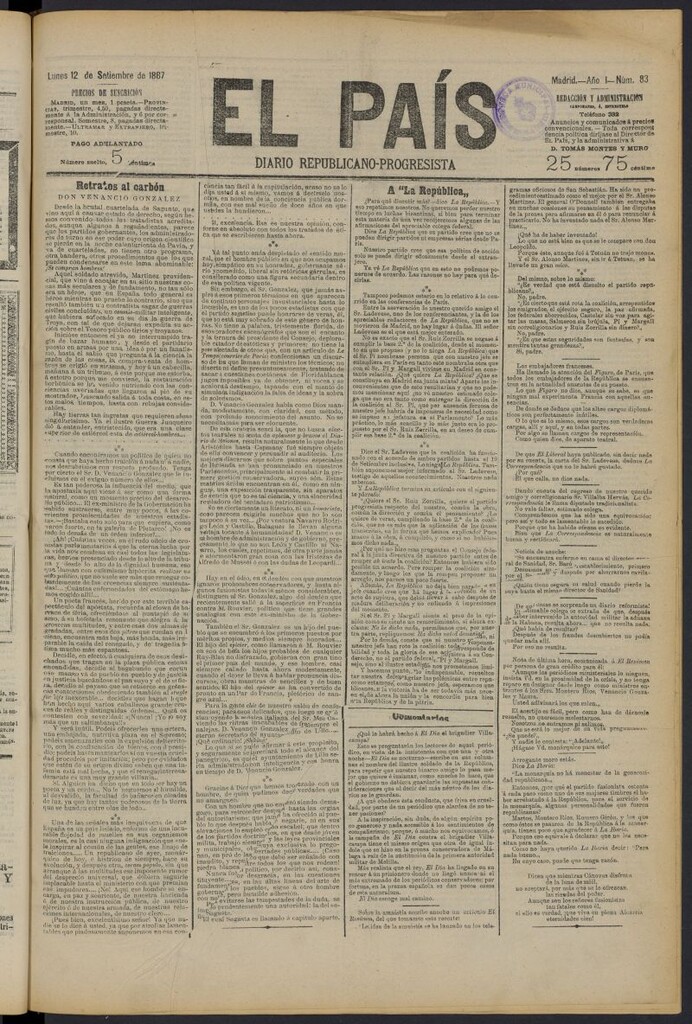 Miniatura de El País: diario republicano-progresista del 12 de septiembre de 1887, nº 83