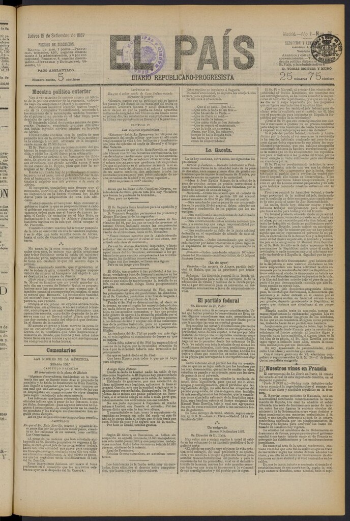 Miniatura de El País: diario republicano-progresista del 15 de septiembre de 1887, nº 86