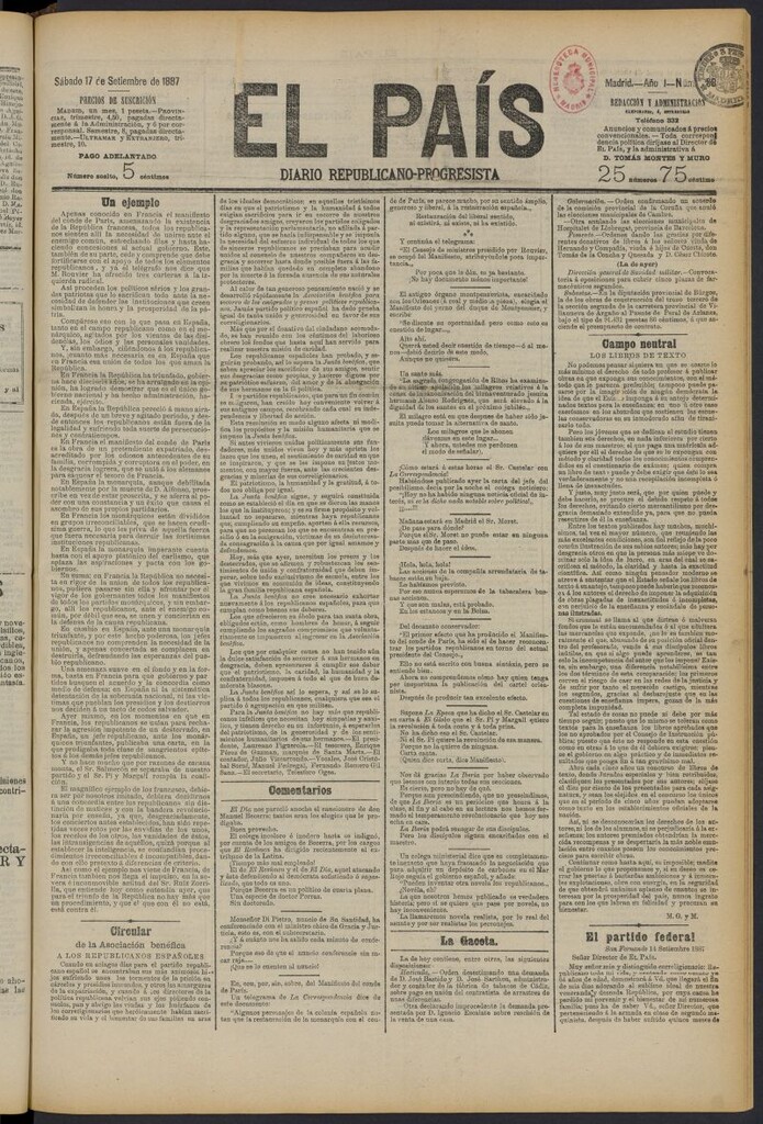 Miniatura de El País: diario republicano-progresista del 17 de septiembre de 1887, nº 88