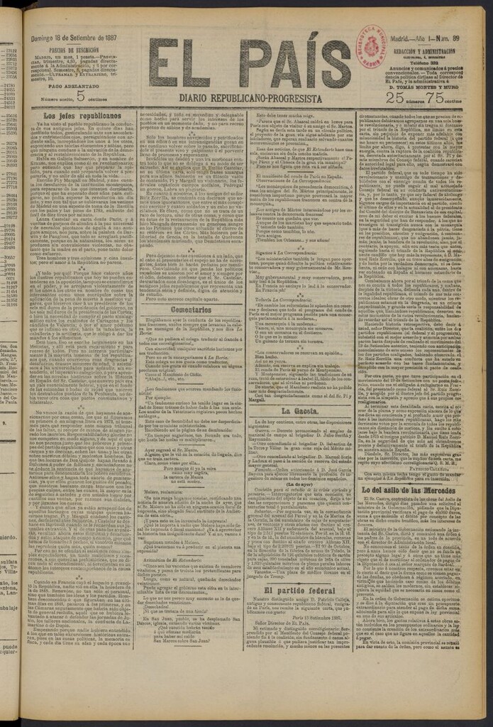 Miniatura de El País: diario republicano-progresista del 18 de septiembre de 1887, nº 89