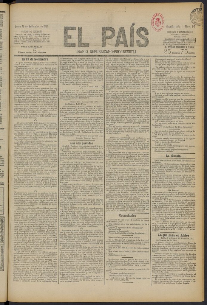 Miniatura de El País: diario republicano-progresista del 19 de septiembre de 1887, nº 90