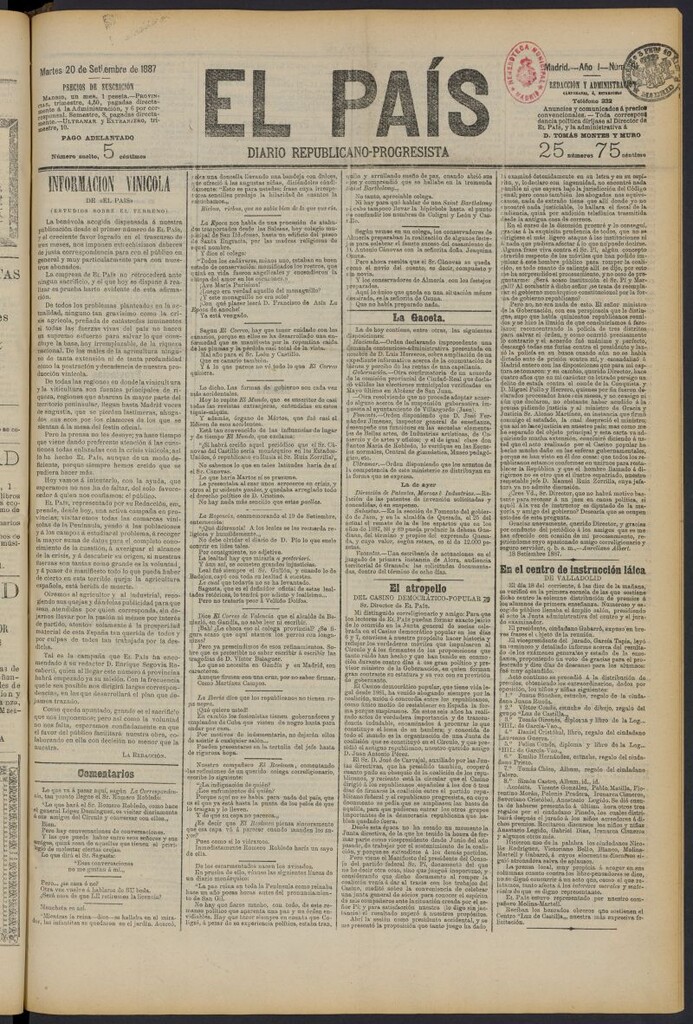 Miniatura de El País: diario republicano-progresista del 20 de septiembre de 1887, nº 91