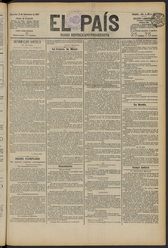 Miniatura de El País: diario republicano-progresista del 21 de septiembre de 1887, nº 92