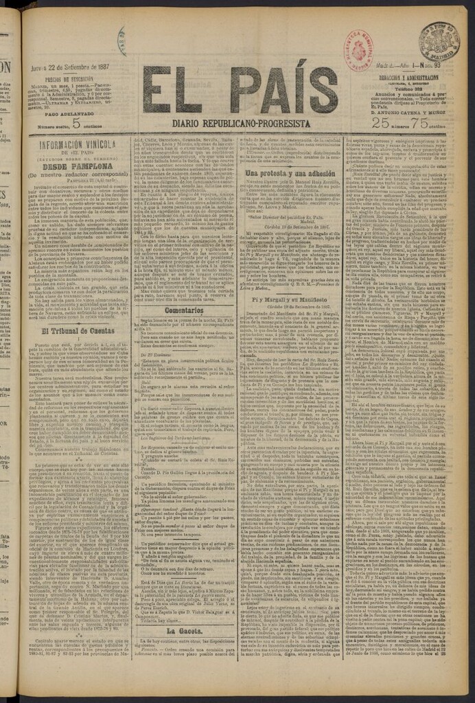 Miniatura de El País: diario republicano-progresista del 22 de septiembre de 1887, nº 93