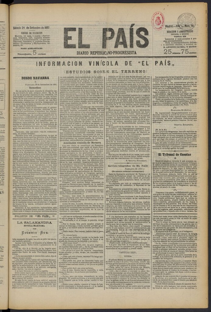 Miniatura de El País: diario republicano-progresista del 24 de septiembre de 1887, nº 95