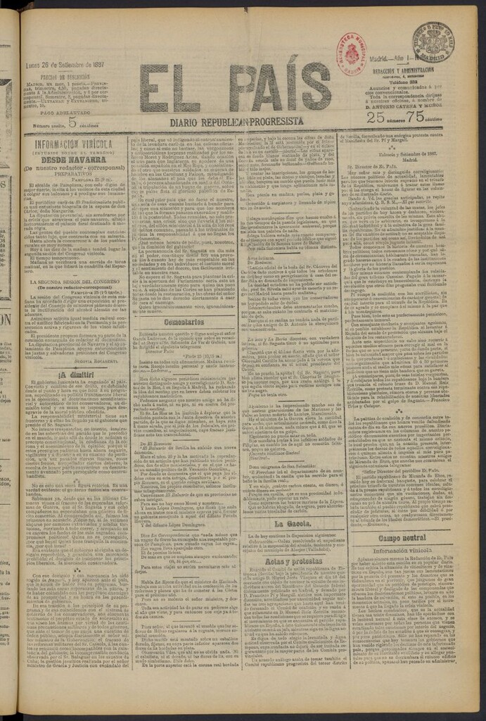 Miniatura de El País: diario republicano-progresista del 26 de septiembre de 1887, nº 97