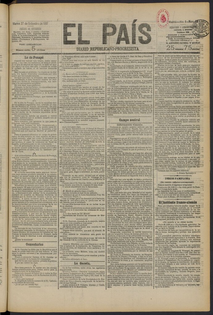 Miniatura de El País: diario republicano-progresista del 27 de septiembre de 1887, nº 98