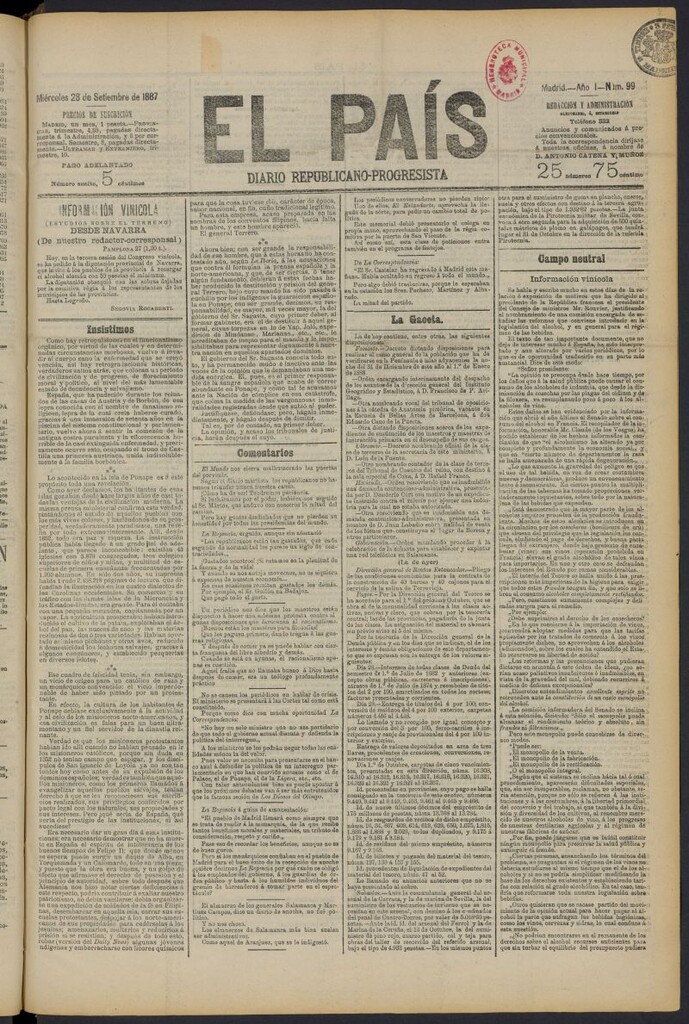 Miniatura de El País: diario republicano-progresista del 28 de septiembre de 1887, nº 99