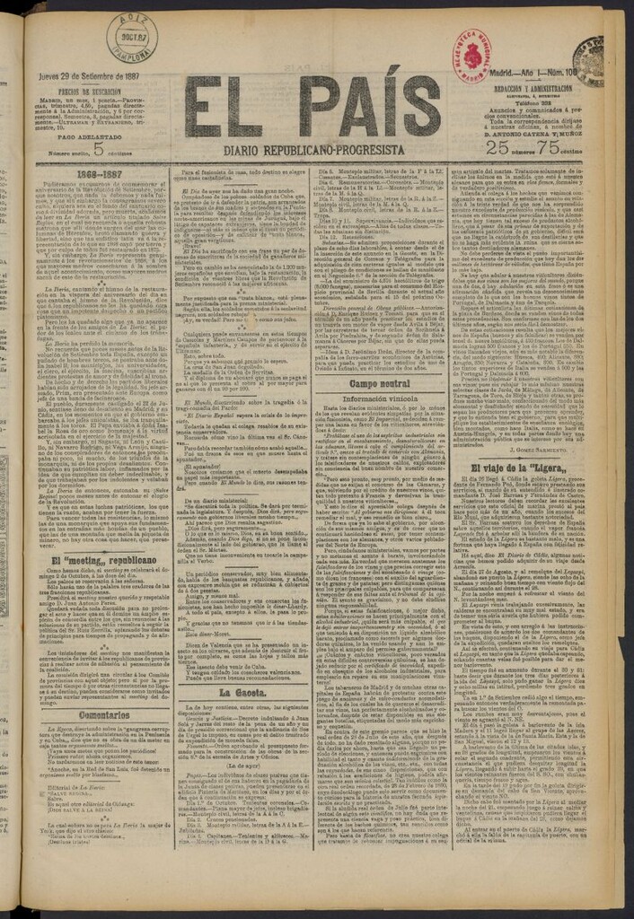 Miniatura de El País: diario republicano-progresista del 29 de septiembre de 1887, nº 100