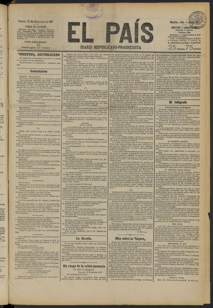 Miniatura de El País: diario republicano-progresista del 30 de septiembre de 1887, nº 101