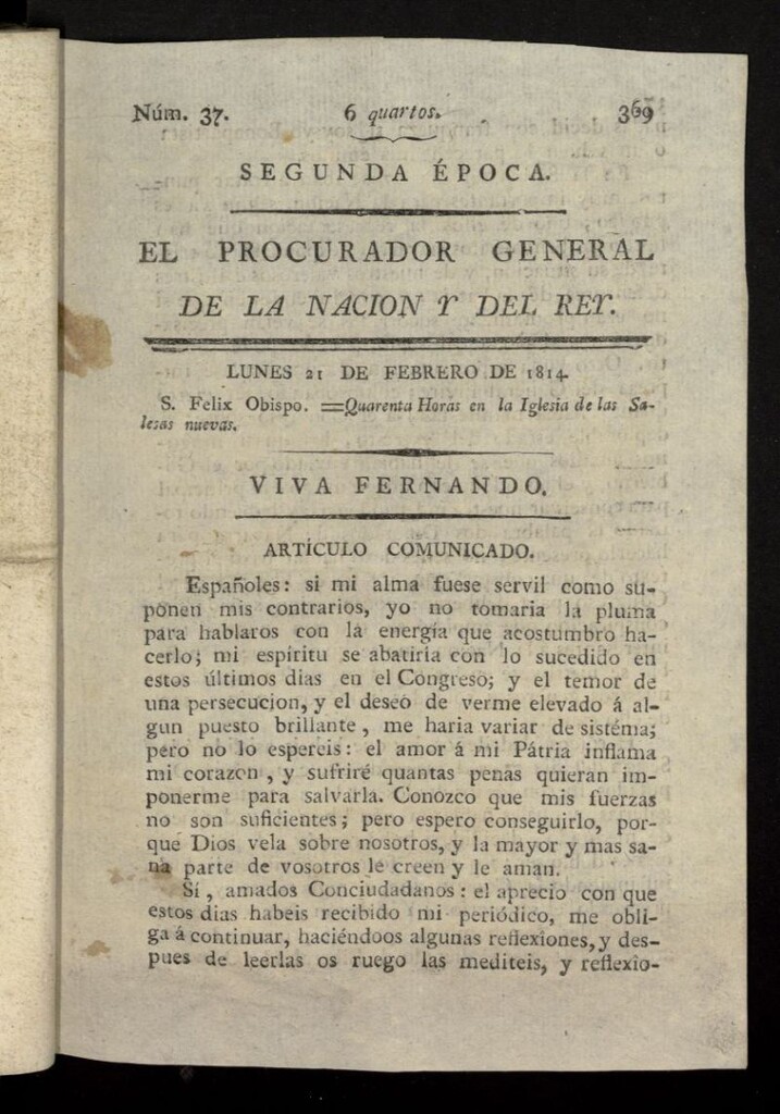 Miniatura de El Procurador General de la Nación y del Rey (Madrid) del 21 de febrero de 1814, nº 37