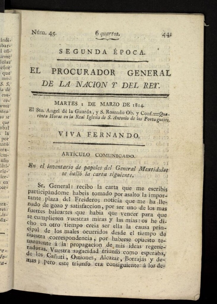 Miniatura de El Procurador General de la Nación y del Rey (Madrid) del 1 de marzo de 1814, nº 45