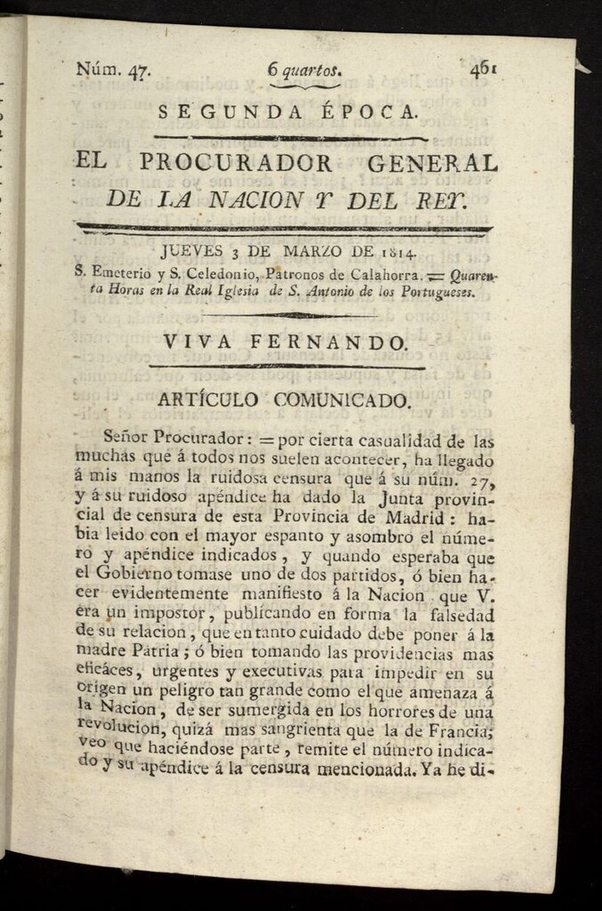 Miniatura de El Procurador General de la Nación y del Rey (Madrid) del 3 de marzo de 1814, nº 47