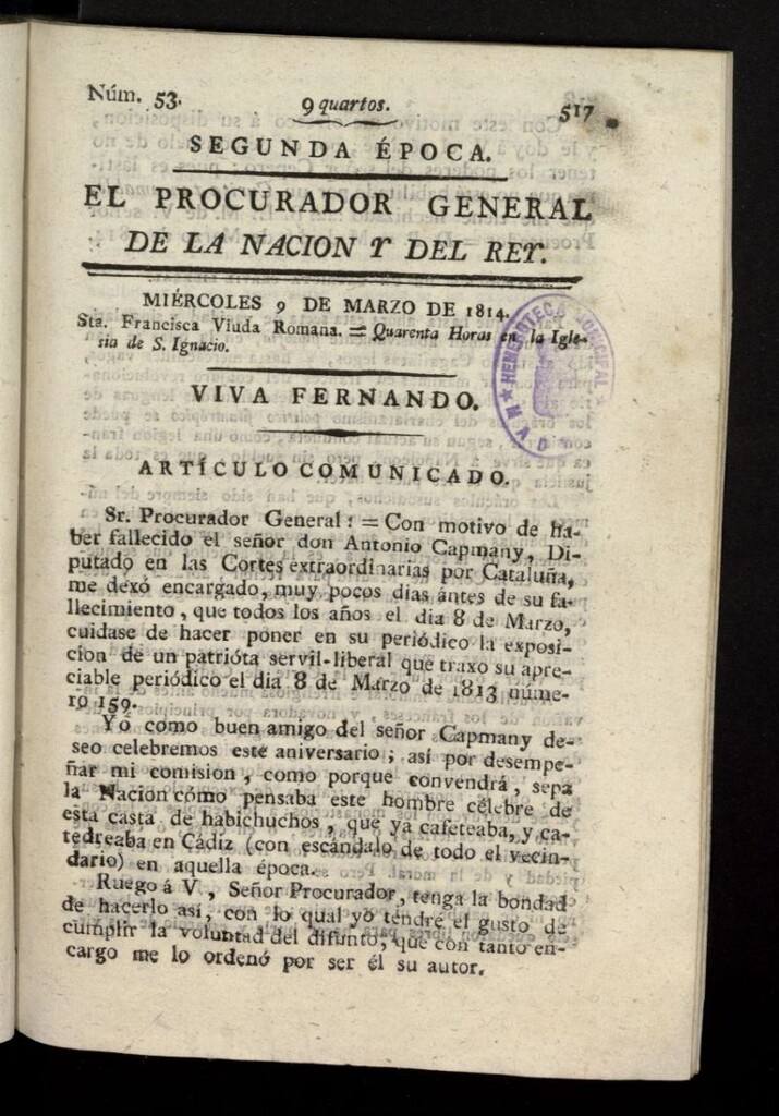 Miniatura de El Procurador General de la Nación y del Rey (Madrid) del 9 de marzo de 1814, nº 53
