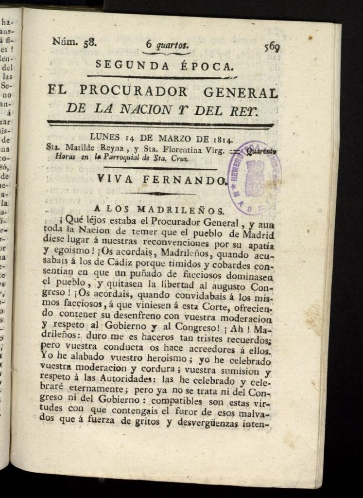 Miniatura de El Procurador General de la Nación y del Rey (Madrid) del 14 de marzo de 1814, nº 58