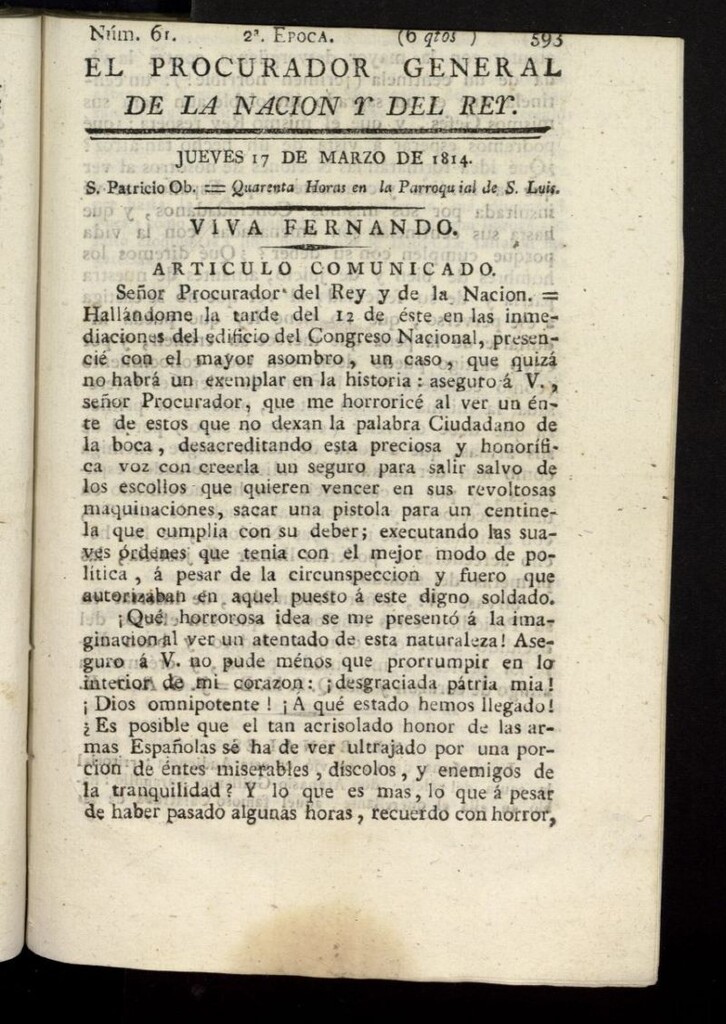 Miniatura de El Procurador General de la Nación y del Rey (Madrid) del 17 de marzo de 1814, nº 61