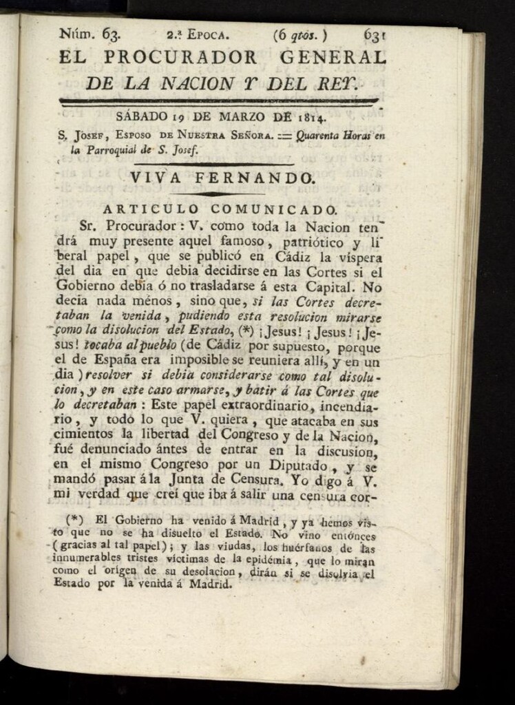 Miniatura de El Procurador General de la Nación y del Rey (Madrid) del 19 de marzo de 1814, nº 63