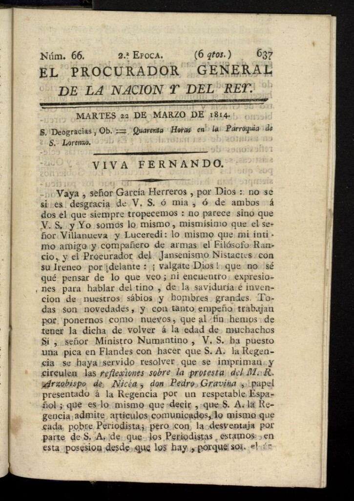 Miniatura de El Procurador General de la Nación y del Rey (Madrid) del 22 de marzo de 1814, nº 66