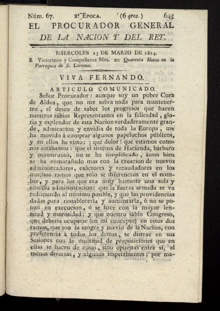 Miniatura de El Procurador General de la Nación y del Rey (Madrid) del 23 de marzo de 1814, nº 67