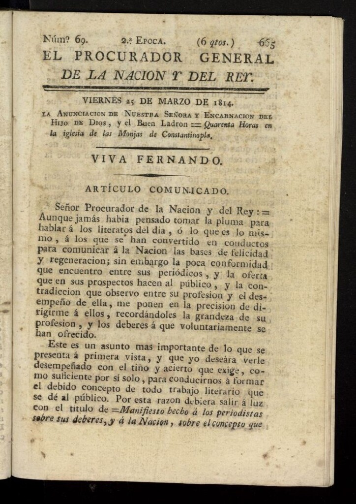 Miniatura de El Procurador General de la Nación y del Rey (Madrid) del 25 de marzo de 1814, nº 69