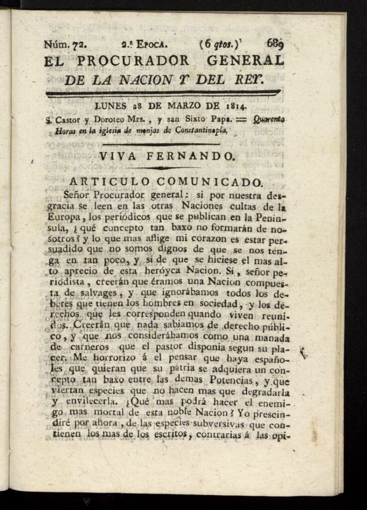 Miniatura de El Procurador General de la Nación y del Rey (Madrid) del 28 de marzo de 1814, nº 72