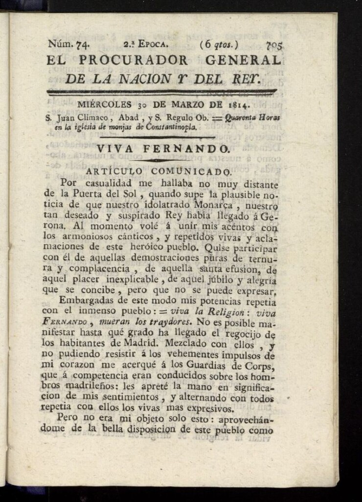 Miniatura de El Procurador General de la Nación y del Rey (Madrid) del 30 de marzo de 1814, nº 74