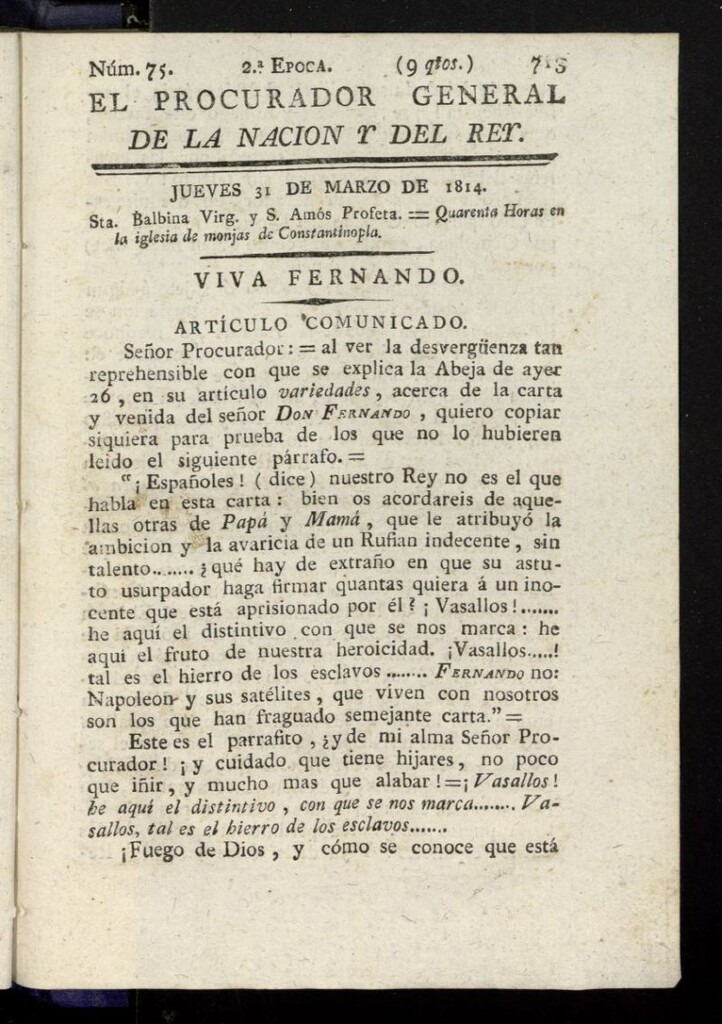 Miniatura de El Procurador General de la Nación y del Rey (Madrid) del 31 de marzo de 1814, nº 75