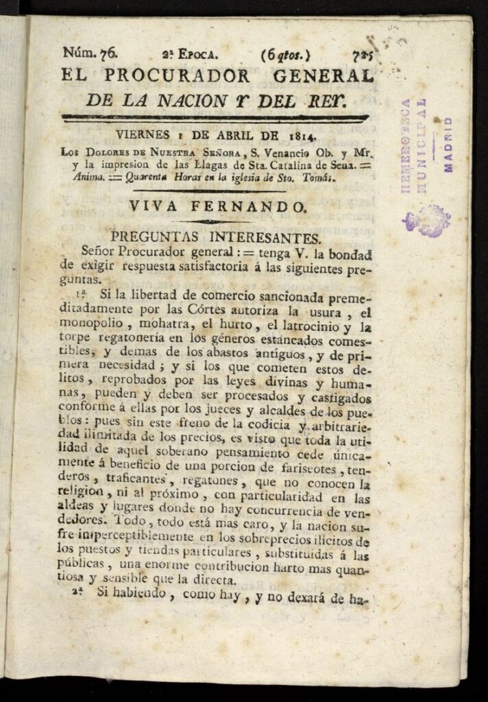Miniatura de El Procurador General de la Nación y del Rey (Madrid) del 1 de abril de 1814, nº 76