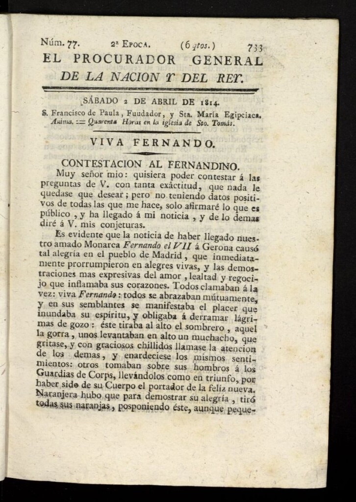 Miniatura de El Procurador General de la Nación y del Rey (Madrid) del 2 de abril de 1814, nº 77