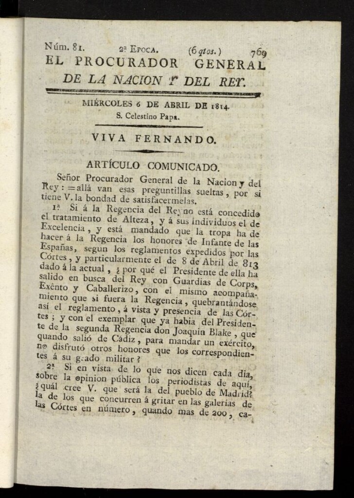 Miniatura de El Procurador General de la Nación y del Rey (Madrid) del 6 de abril de 1814, nº 81