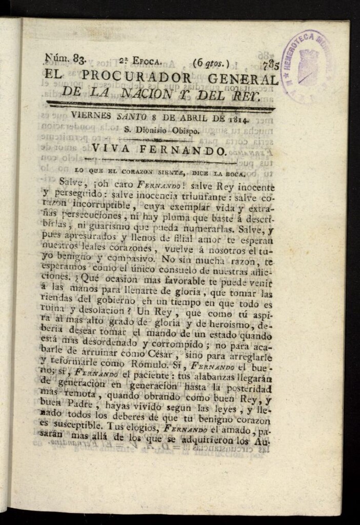 Miniatura de El Procurador General de la Nación y del Rey (Madrid) del 8 de abril de 1814, nº 83