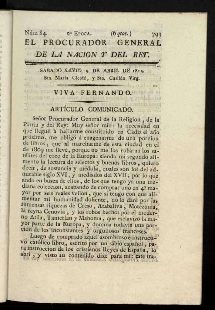 Miniatura de El Procurador General de la Nación y del Rey (Madrid) del 9 de abril de 1814, nº 84