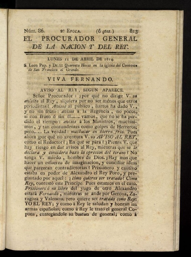 Miniatura de El Procurador General de la Nación y del Rey (Madrid) del 11 de abril de 1814, nº 86