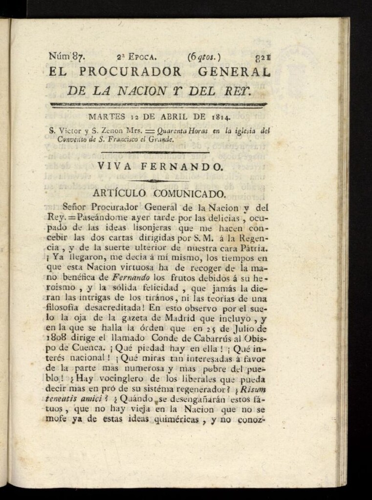 Miniatura de El Procurador General de la Nación y del Rey (Madrid) del 12 de abril de 1814, nº 87