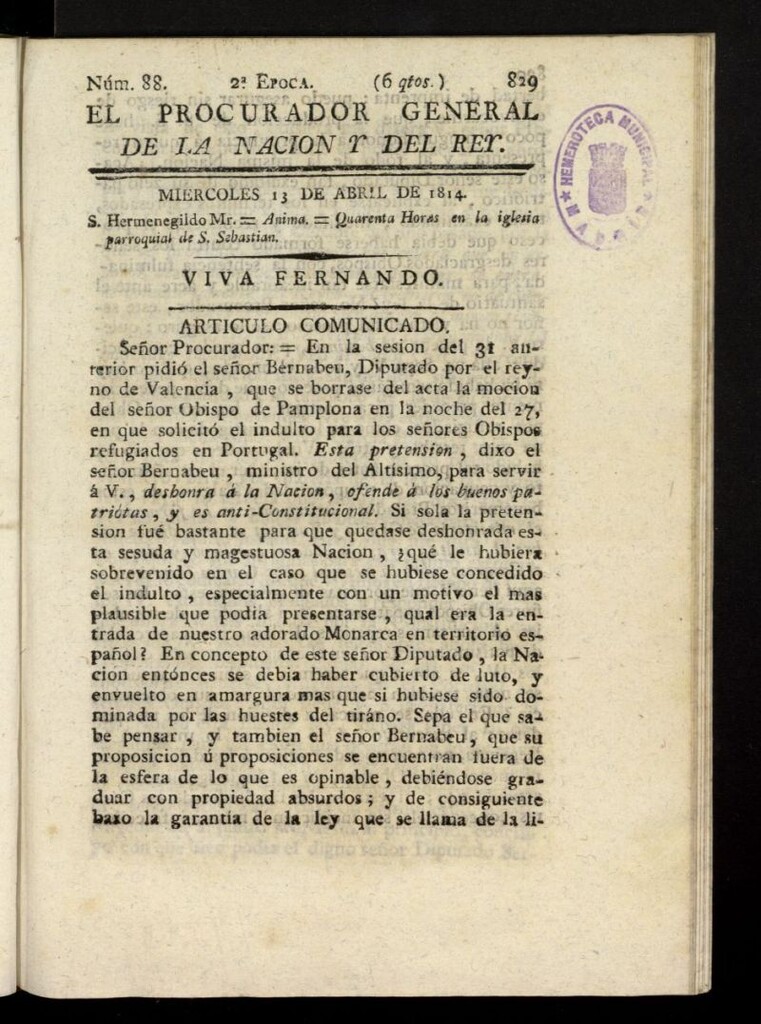 Miniatura de El Procurador General de la Nación y del Rey (Madrid) del 13 de abril de 1814, nº 88