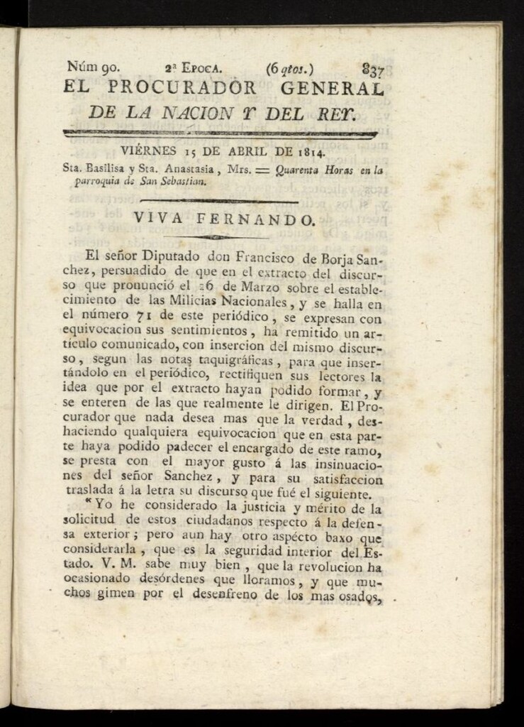 Miniatura de El Procurador General de la Nación y del Rey (Madrid) del 15 de abril de 1814, nº 90