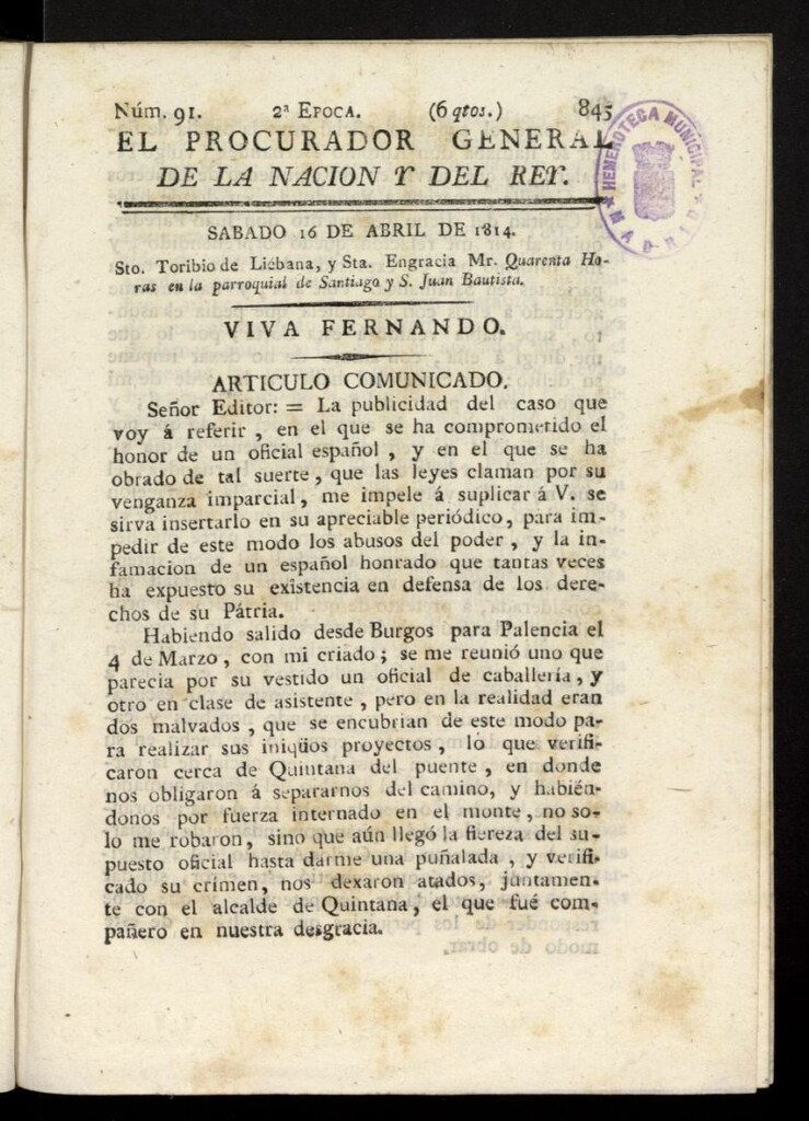 Miniatura de El Procurador General de la Nación y del Rey (Madrid) del 16 de abril de 1814, nº 91