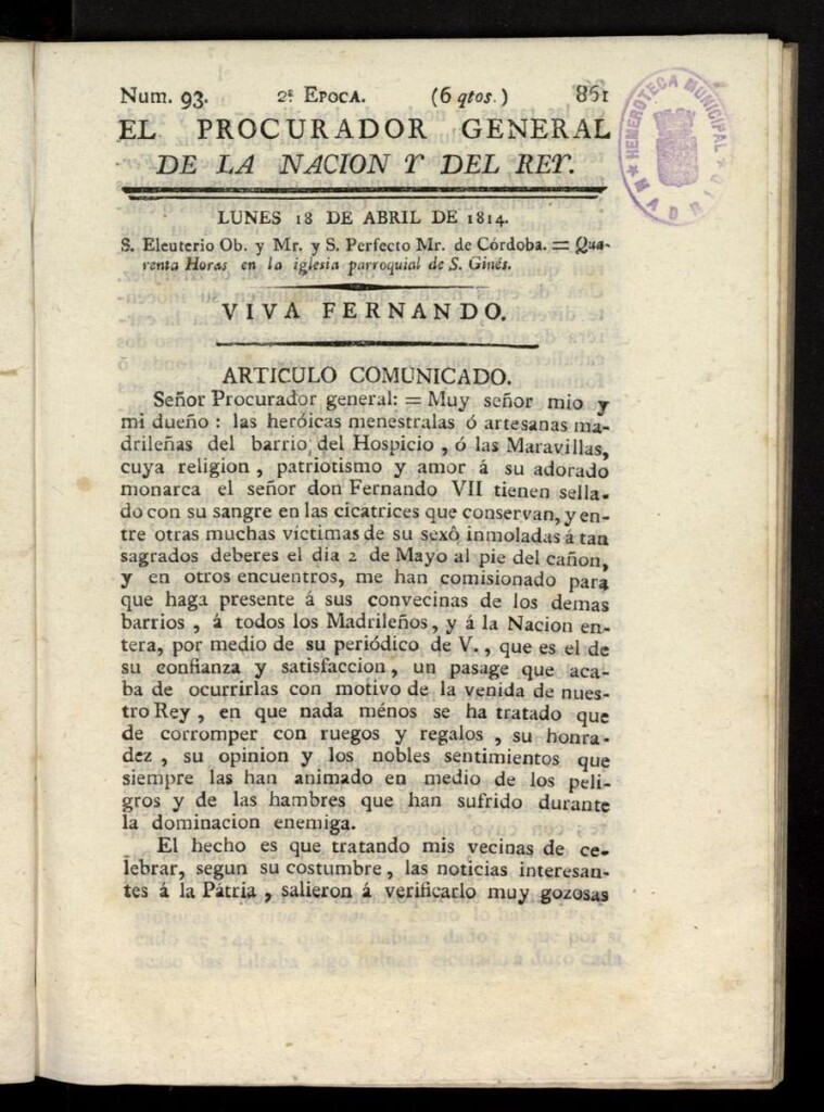 Miniatura de El Procurador General de la Nación y del Rey (Madrid) del 18 de abril de 1814, nº 93