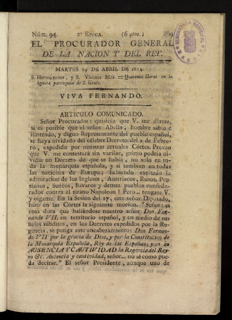 Miniatura de El Procurador General de la Nación y del Rey (Madrid) del 19 de abril de 1814, nº 94
