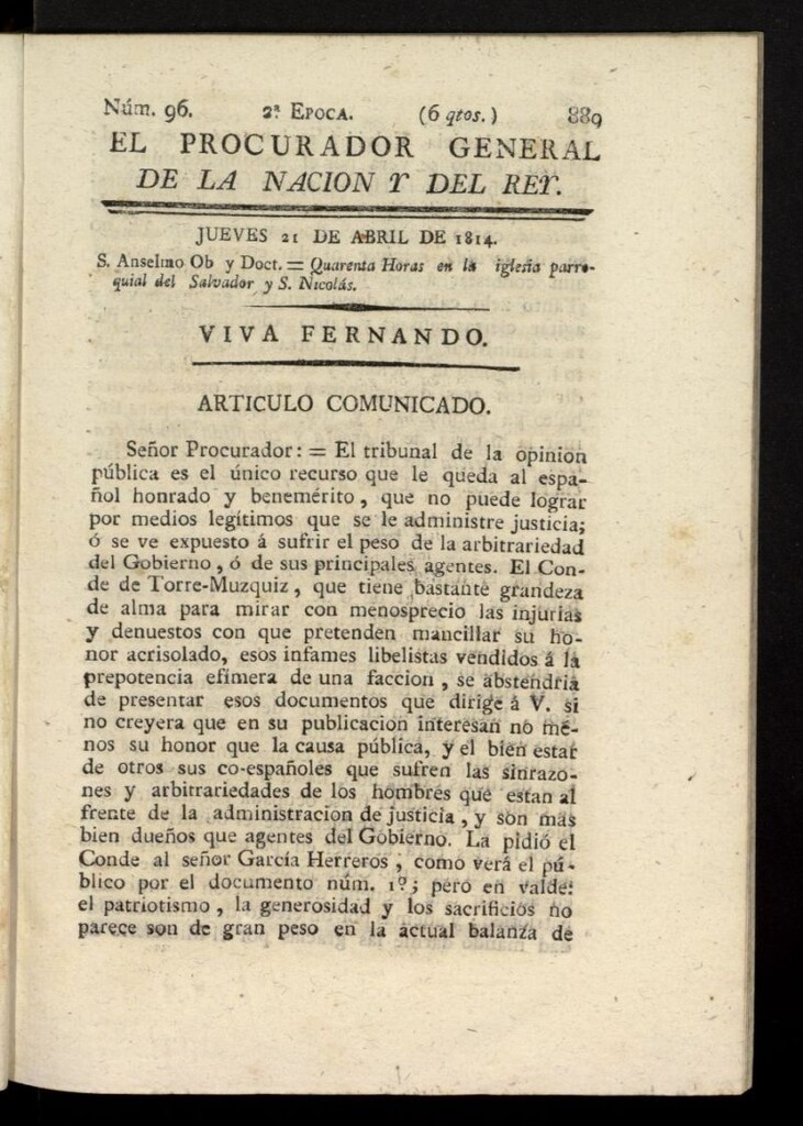 Miniatura de El Procurador General de la Nación y del Rey (Madrid) del 21 de abril de 1814, nº 96